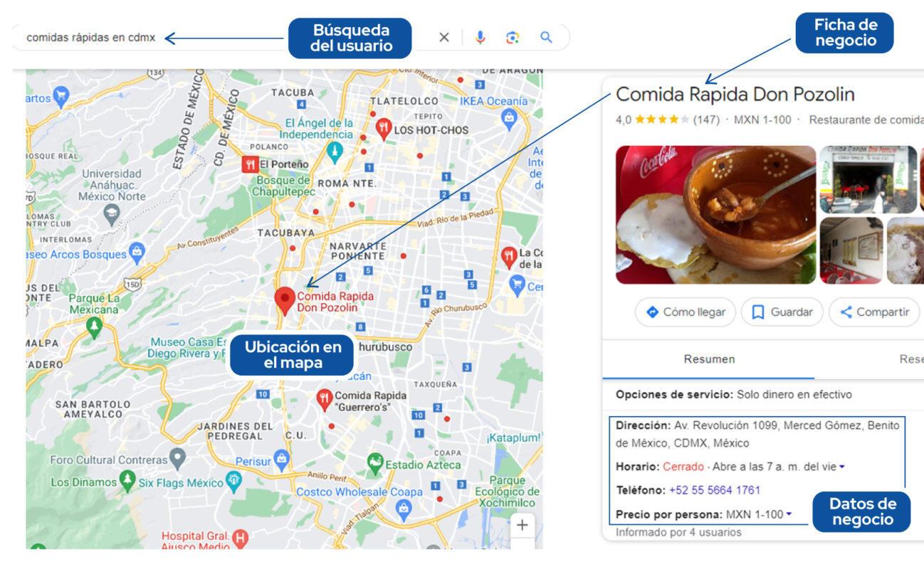 negocio de comida rapida en google maps