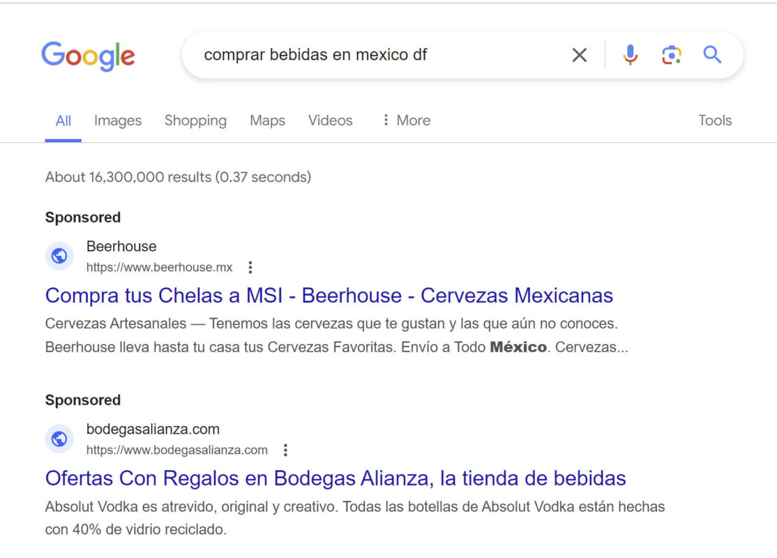 ejemplo de anuncios de google ads para sitios de bebidas