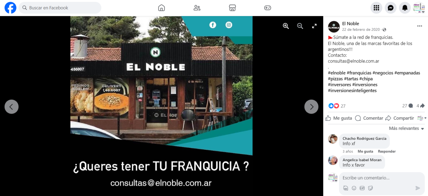 ejemplo franquicia el noble en redes sociales