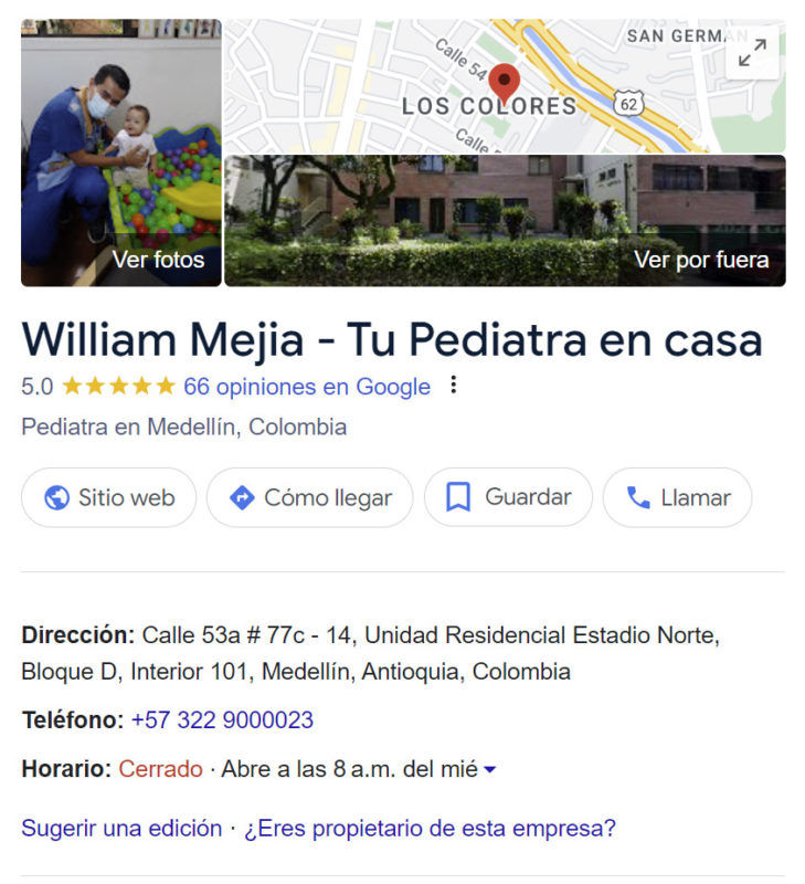 ficha de google mi negocio de pediatra