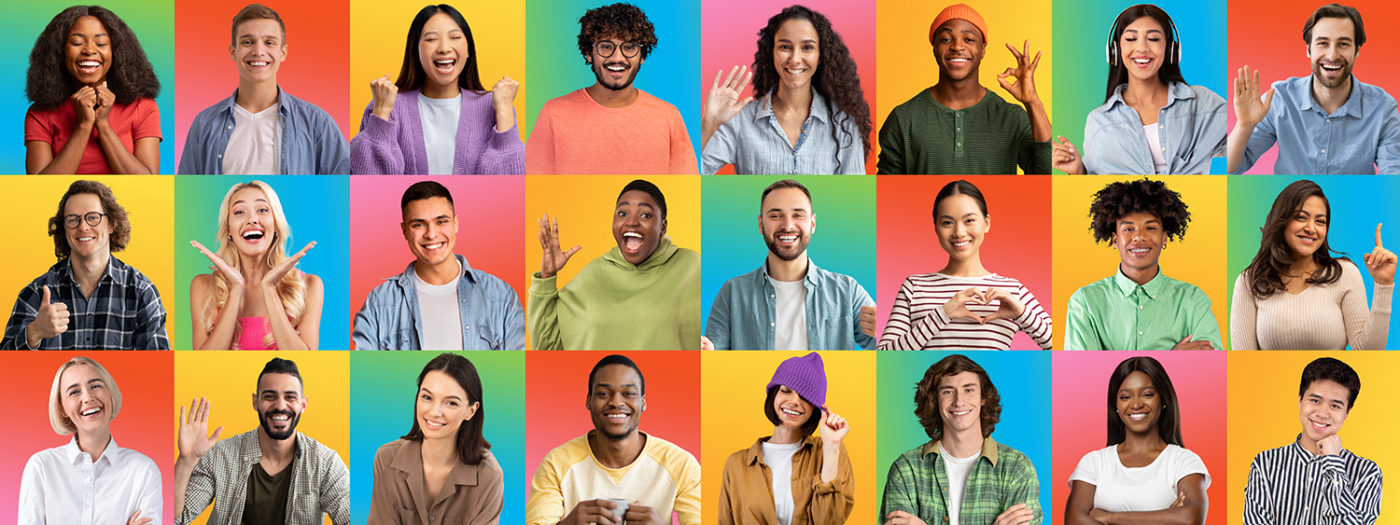 Mosaic of cool multiracial people sharing positive emotions