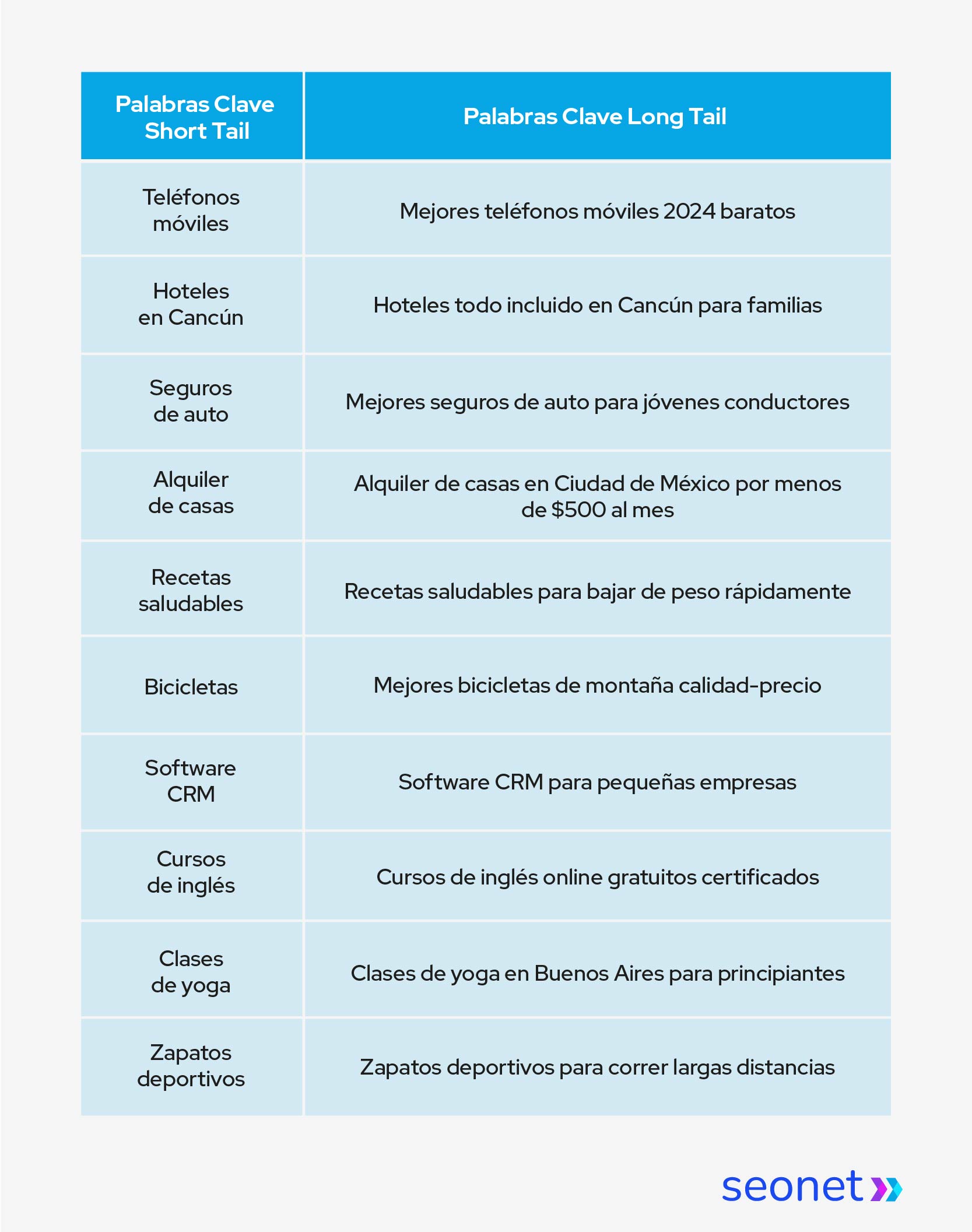 ejemplos de palabras clave short y long tail